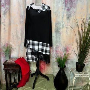 📌Rosegal Material Mix Lace & Part Checked Asymmetrical Shawl Collar Tunic -Top